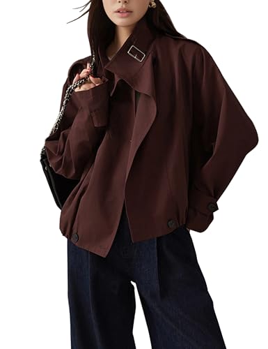 Damenmode Retro High Neck Einreihiger Kurzer Trenchcoat Lässiges Taschendesign High Neck Flauschige Business-Bürojacke (Dunkelrot,M) von Juankrynord