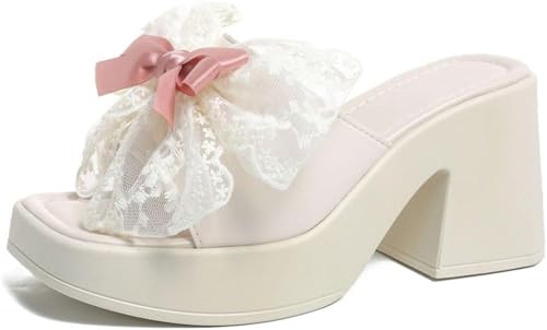 Frauen Mode Süße Spitze Lolita Prinzessin Bogen Slope Heel Schuhe für Prom und Dressy Anlässe Y2K Märchen Stil hochhackigen Strand Flip Flops (Weiß,36) von Juankrynord