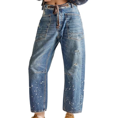 Frauen 's Mid-Low Rise Zipper Barrel Jeans Drawstring Ankle Loose Jeans Drawstring Loose Multicolor High Waist Distressed Pants (Calypso Blau,XXL) von Juankrynord