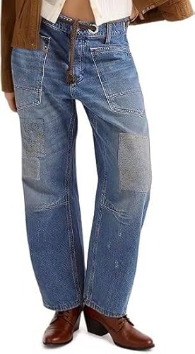 Frauen 's Mid-Low Rise Zipper Barrel Jeans Drawstring Ankle Loose Jeans Drawstring Loose Multicolor High Waist Distressed Pants (Wahrhaftigstes Blau,XXL) von Juankrynord