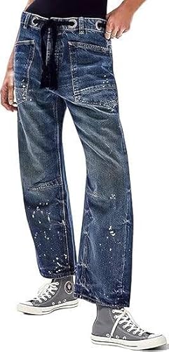 Frauen 's Mid-Low Rise Zipper Barrel Jeans Drawstring Ankle Loose Jeans Drawstring Loose Multicolor High Waist Distressed Pants (Zeitloses Blau,L) von Juankrynord
