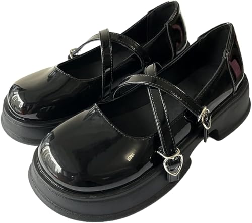Gothic Harajuku Kawaii Lolita Schuhe mit rundem Kopf und dicker Sohle Absatzschuhe mit Herz-Kreuz-Krawatte Mary Jane-Plateauschuhe verstellbare Schnürsenkel (schwarz,35) von Juankrynord