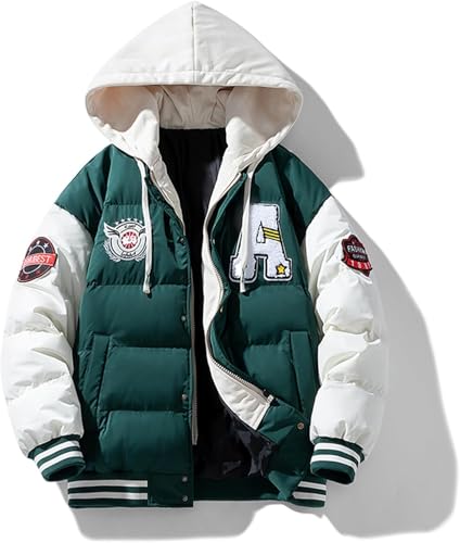 Herren Winter Hip Hop Mode Varsity Hooded Down Patchwork Fake Baseball Jacke Brief Bestickt Baseball Jacke Fake Zweiteilige Kapuzenjacke (Grün,3XL) von Juankrynord