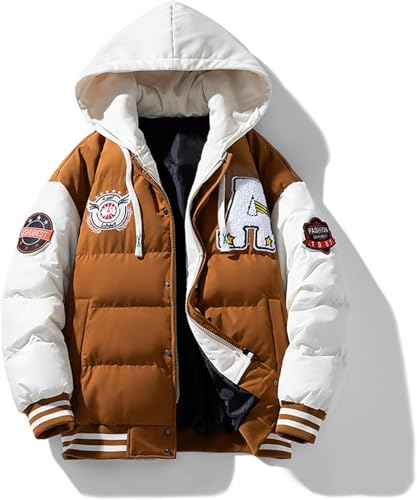 Herren Winter Hip Hop Mode Varsity Hooded Down Patchwork Fake Baseball Jacke Brief Bestickt Baseball Jacke Fake Zweiteilige Kapuzenjacke (Kaffee,3XL) von Juankrynord
