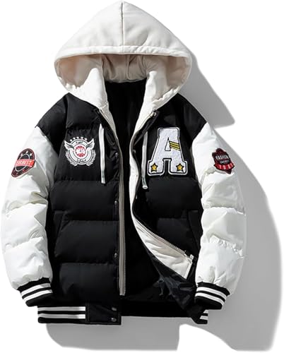 Herren Winter Hip Hop Mode Varsity Hooded Down Patchwork Fake Baseball Jacke Brief Bestickt Baseball Jacke Fake Zweiteilige Kapuzenjacke (Schwarz,M) von Juankrynord