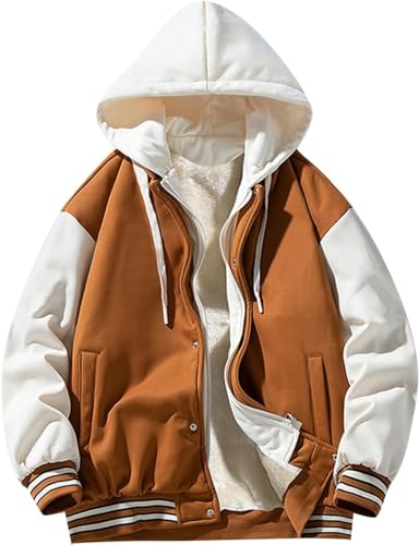 Herrenmode Knopf mit Kapuze Varsity College Jacke Jugend Langarm Baseball Jacke Winter Herbst Outdoor Trend Lose Varsity Baseball Kleidung (Karamell,XXL) von Juankrynord