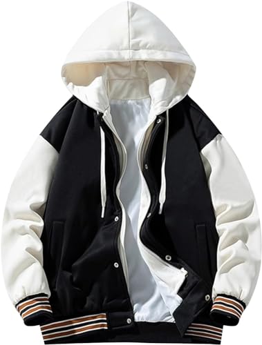 Herrenmode Knopf mit Kapuze Varsity College Jacke Jugend Langarm Baseball Jacke Winter Herbst Outdoor Trend Lose Varsity Baseball Kleidung (Schwarz,M) von Juankrynord