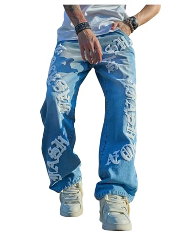 Herrenmode Letter Patch High Waist Wide Leg Jeans mit Taschen Loose Fit Skateboarding Goth Jeans Streetwear (blau,M) von Juankrynord