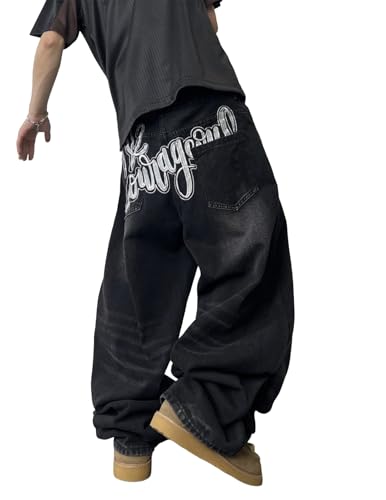 Herrenmode Oversized Wide-Leg Design Skateboard Jeans mit Buchstabenstickmuster Y2K Wide-Leg Jeans 2000er Streetwear (Schwarz,M) von Juankrynord