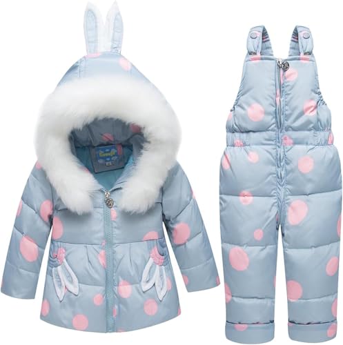 Juankrynord Baby Kinder Schneeanzug Verdickte Winterjacke + Skihose Mädchen Winteranzug Skianzug mit Fleecemütze und Daunenhose Warmes Kleidungsset Zweiteilig (Blau,100cm) von Juankrynord