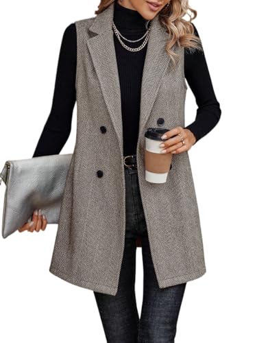 Juankrynord Damen Ärmelloses Revers Knopfleiste Vorne Herbst Tweed Weste Jacke Lange Weste Ärmellose Tweed Weste Jacke Herbstweste Ärmellose Anzugjacke (Kamel,L) von Juankrynord