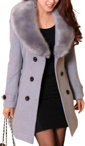 Juankrynord Damen Eleganter Zweireiher Mittellanger Erbsenmantel Winter Langer Mantel Kunstpelzkragen Langarm mit Gürtel Winter Trenchcoat (Grau,L) von Juankrynord