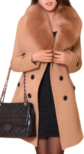 Juankrynord Damen Eleganter Zweireiher Mittellanger Erbsenmantel Winter Langer Mantel Kunstpelzkragen Langarm mit Gürtel Winter Trenchcoat (Khaki,L) von Juankrynord