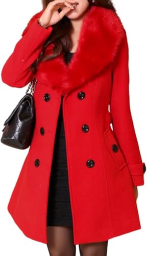 Juankrynord Damen Eleganter Zweireiher Mittellanger Erbsenmantel Winter Langer Mantel Kunstpelzkragen Langarm mit Gürtel Winter Trenchcoat (Rot,M) von Juankrynord