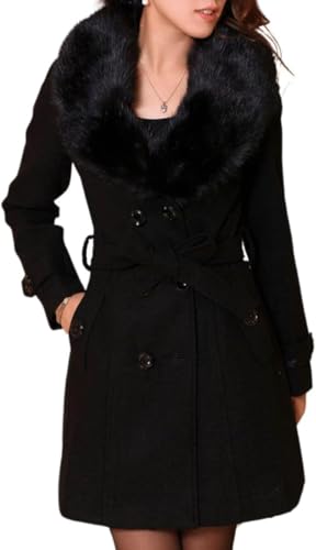 Juankrynord Damen Eleganter Zweireiher Mittellanger Erbsenmantel Winter Langer Mantel Kunstpelzkragen Langarm mit Gürtel Winter Trenchcoat (Schwarz,L) von Juankrynord