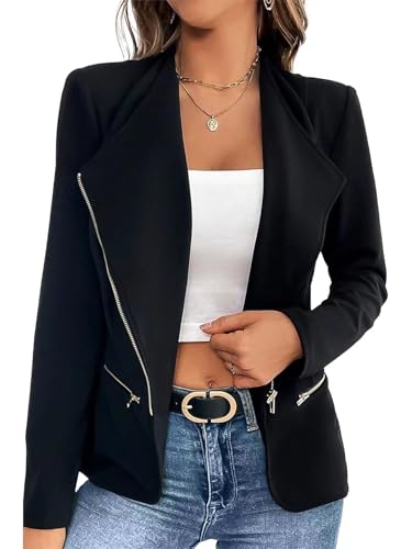 Juankrynord Damen Frühling Elegante Einfarbig Langarm Reißverschluss Jacke Anzugjacke Langarm Reißverschluss Schlank Casual Business Büro Anzug (Schwarz,S) von Juankrynord