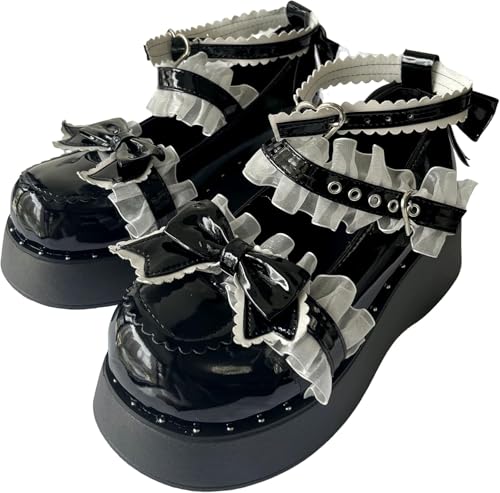 Damen Kawaii Runde Zehe Chunky Heels Rosa Fliege Dekorative Mary Jane Flats Flache Mary Jane Schuhe Riemchen Chunky Heel Gothic Plattform Schuhe (schwarz,39) von Juankrynord