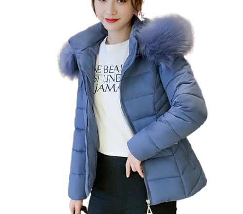 Juankrynord Damen Leichte Winter Schneejacke Plüschmantel Warme Gesteppte Gepolsterte Kapuzenjacke Mit Pelzkragen Parka Winddichte Gepolsterte Kurzjacke Daunenmantel (Blau,M) von Juankrynord