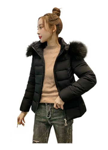 Juankrynord Damen Leichte Winter Schneejacke Plüschmantel Warme Gesteppte Gepolsterte Kapuzenjacke Mit Pelzkragen Parka Winddichte Gepolsterte Kurzjacke Daunenmantel (Schwarz,XXL) von Juankrynord