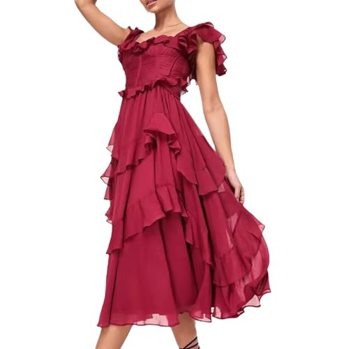Juankrynord Damen Spitze Rückenfrei Rüschen Kuchen Kleid Rüschen Rüschen Rückenfrei Boho Maxi Elegant V-Ausschnitt Plissiert Hohe Taille Kleid (Rot,S) von Juankrynord