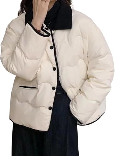 Juankrynord Damen Steppjacke Kältebeständig Warm Verdickte Kurze Jacke Leichte Langarm Button Down Mantel Gepolsterte Warme Jacke (Mandel,M) von Juankrynord