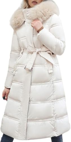 Juankrynord Damen Winter Hochkragen Reißverschluss Knopf Warm Langer Daunenmantel Mit Abnehmbarem Haar Kragen Kapuze Verdickter Steppmantel (Weiß, M) von Juankrynord