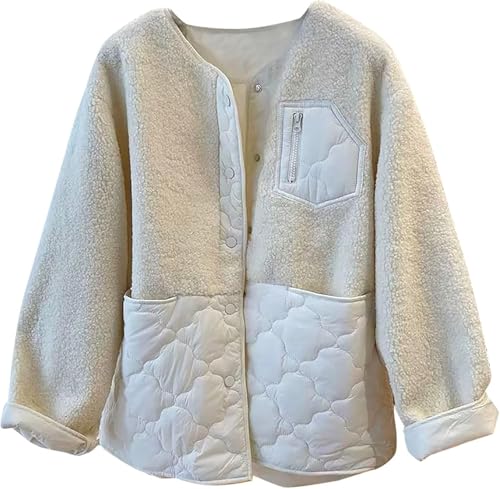 Juankrynord Damen Winter Leichte Stehkragen Patchwork Steppjacke Gesteppte Wind- und Schneejacke Lässiger Lockerer Wattierter Mantel (Mandel,XXL) von Juankrynord