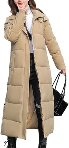 Juankrynord Damen Winter Warm Winddichter Winter Daunenmantel Mit Kapuze Lang Gesteppter Parka Lang Verdickte Warme Kapuzenjacke Langer Knielanger Daunenmantel Mit Kapuze (Khaki,L) von Juankrynord