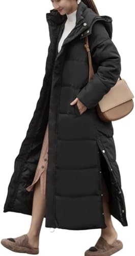 Juankrynord Damen Winter Warm Winddichter Winter Daunenmantel Mit Kapuze Lang Gesteppter Parka Lang Verdickte Warme Kapuzenjacke Langer Knielanger Daunenmantel Mit Kapuze (Schwarz,L) von Juankrynord