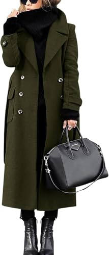 Juankrynord Damen Winter Zweireihiger Business Büro Mantel Lässig Lang mit Gürtel Pea Coat A-Linie Trenchcoat Revers Swing Zweireihiger Langer Anzugmantel (Armeegrün,M) von Juankrynord