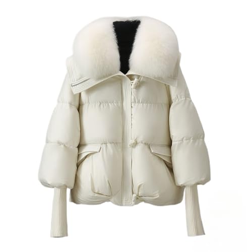 Juankrynord Damen Winterjacke mit großem haarigem Kragen verdickter kurzer Daunenmantel verdickter Daunenparka gestrickte Ärmel Schalmantel Wind- und Schneejacke warm wattierte Winterjacke (Weiß,L) von Juankrynord