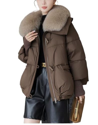 Juankrynord Damen Winterjacke mit großem haarigem Kragen verdickter kurzer Daunenmantel verdickter Daunenparka gestrickte Ärmel Schalmantel Wind- und Schneejacke warm wattierte Winterjacke (Kaffee,L) von Juankrynord