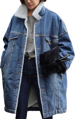 Juankrynord Damen Wintermode Langer wattierter Mantel Lange Plüsch Gefütterte Denim Longjacke Mittellang mit Knöpfen Wattierter Denim Trenchcoat Plüsch Jeansjacke (blau,M) von Juankrynord