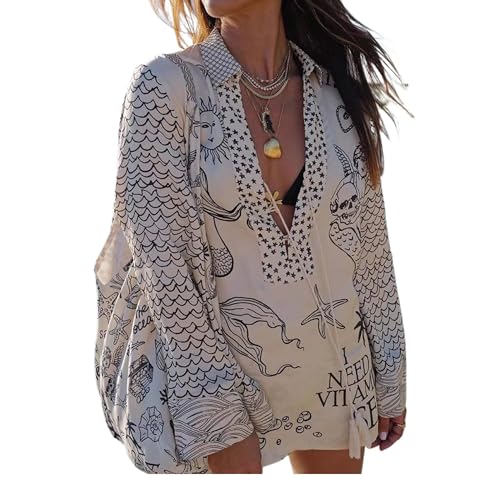 Juankrynord Damenmode Bedruckter Satin V-Ausschnitt Strand Shirt Kleid Overshorts Zweiteiliges Set Übergroße Langarm Gemusterte Bademode Pullover (Weiß Schwarz,L) von Juankrynord