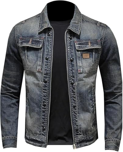 Juankrynord Herren-Jeansjacke mit Reißverschluss Vintage große Größe Stehkragen Reißverschlussjacke schmale Jeansjacke mit Stehkragen Klassische Jeans-Bikerjacke (Blau 2,M) von Juankrynord