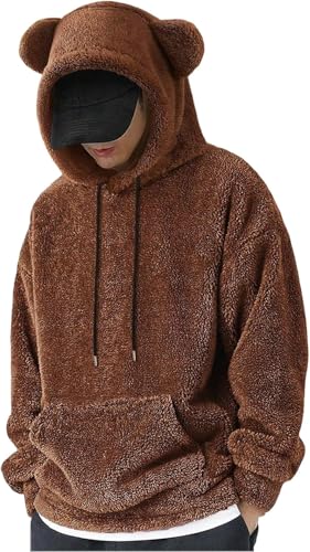 Juankrynord Herren Winter Plüsch Sherpa Kapuzenpullover Kapuze Herbst und Winter Warme Jacke Niedlich Teddybär Ohren Hoodie Langarm Sweatshirt (Braun,XL) von Juankrynord