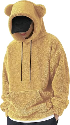 Juankrynord Herren Winter Plüsch Sherpa Kapuzenpullover Kapuze Herbst und Winter Warme Jacke Niedlich Teddybär Ohren Hoodie Langarm Sweatshirt (Gelb,XL) von Juankrynord