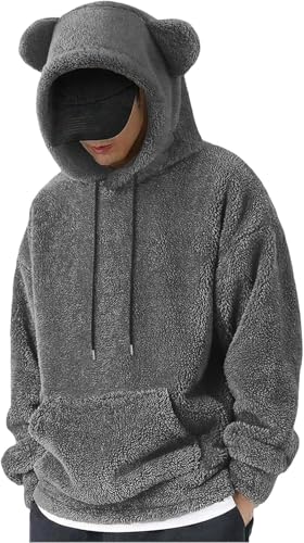 Juankrynord Herren Winter Plüsch Sherpa Kapuzenpullover Kapuze Herbst und Winter Warme Jacke Niedlich Teddybär Ohren Hoodie Langarm Sweatshirt (Grau,XL) von Juankrynord