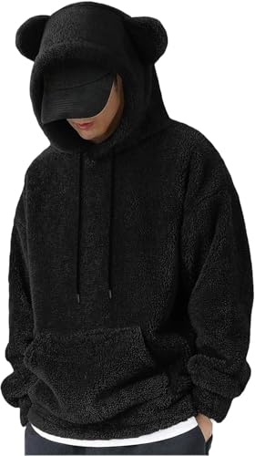Juankrynord Herren Winter Plüsch Sherpa Kapuzenpullover Kapuze Herbst und Winter Warme Jacke Niedlich Teddybär Ohren Hoodie Langarm Sweatshirt (Schwarz,S) von Juankrynord
