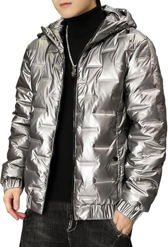 Juankrynord Herren Winter glänzend gepolsterte Daunenjacke mit Kapuze glänzend metallisch durchgehender Reißverschluss kurze Daunenjacke dicke warme Latzparka Skijacke (Silber,XL) von Juankrynord