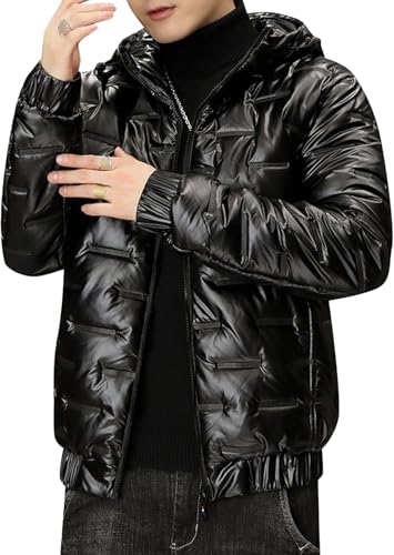 Juankrynord Herren Winter glänzend gepolsterte Daunenjacke mit Kapuze glänzend metallisch durchgehender Reißverschluss kurze Daunenjacke dicke warme Latzparka Skijacke (Schwarz,5XL) von Juankrynord