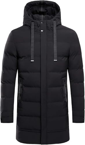 Juankrynord Herren Wintermantel mit Kordelzug und Tasche Langer Daunenmantel schmale Passform verdickte warme Outdoor-Jacke Langer Steppmantel mit Kapuze Warmer Winterparkermantel (Schwarz,XXL) von Juankrynord