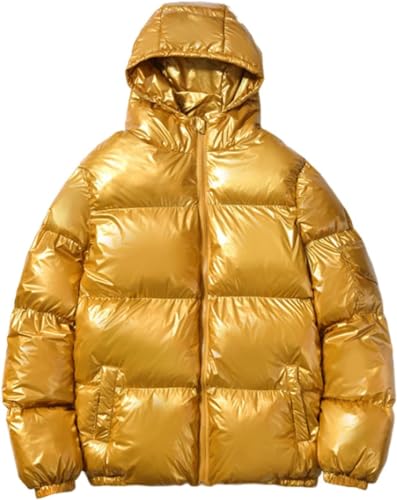 Juankrynord Herrenmode Winter Glänzende Warme Daunenjacke Lockerer Reißverschluss Verdickte Daunenjacke Mit Kapuze Warmer Verdickter Wind- Und Schneemantel Mit Kapuze (Gold,4XL) von Juankrynord