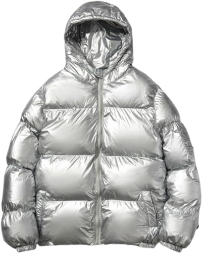 Juankrynord Herrenmode Winter Glänzende Warme Daunenjacke Lockerer Reißverschluss Verdickte Daunenjacke Mit Kapuze Warmer Verdickter Wind- Und Schneemantel Mit Kapuze (Silber,4XL) von Juankrynord