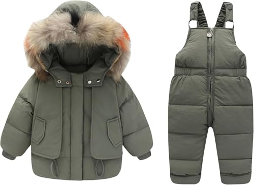Juankrynord Kinder Winter Zweiteiliger Skianzug Großer Pelzkragen Mit Abnehmbarer Kapuze Schneehose Wasserdicht Winddicht Skianzug, Jungen Und Mädchen Skihose Warmer Anzug (Grün,110cm) von Juankrynord