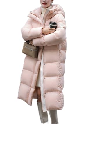 Juankrynord Modische Lange Daunenjacke mit Kapuze für Damen Dicker Durchgehender Reißverschluss Langer Steppmantel lockere Passform Winddichte übergroße Winterjacke Daunenjacke mit Kapuze (Rosa,L) von Juankrynord