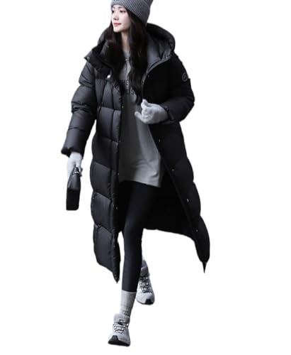 Juankrynord Modische Lange Daunenjacke mit Kapuze für Damen Dicker Durchgehender Reißverschluss Langer Steppmantel lockere Passform Winddichte übergroße Winterjacke Daunenjacke mit Kapuze (Schwarz,S) von Juankrynord