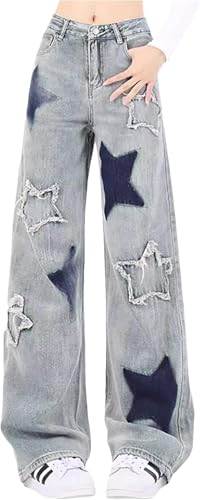Lockere Arbeitsjeans für Damen hohe Taille lockere gerade lässige Hose mit weitem Bein Rock-Hip-Hop-Stil lässige Jeans mit Muster und bedruckter Jeans (Hellblau,XL) von Juankrynord