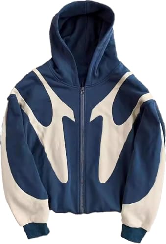 Männer Frauen Herbst/Winter Straße Hip Hop Spleißen gedruckt Hoodie Baumwolle Langarm Sport Stil Tops Y2K Harajuku Style Jacke Sweatshirt (Blau,M) von Juankrynord