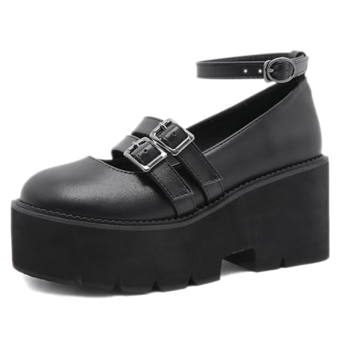 Mary für Damen mit verstellbarem Knöchelriemen bequemer runder Zehenbereich rutschfeste Sohle Gothic Lolita Cosplay Slip-On-Heels für Party-Dating (Schwarz,39) von Juankrynord